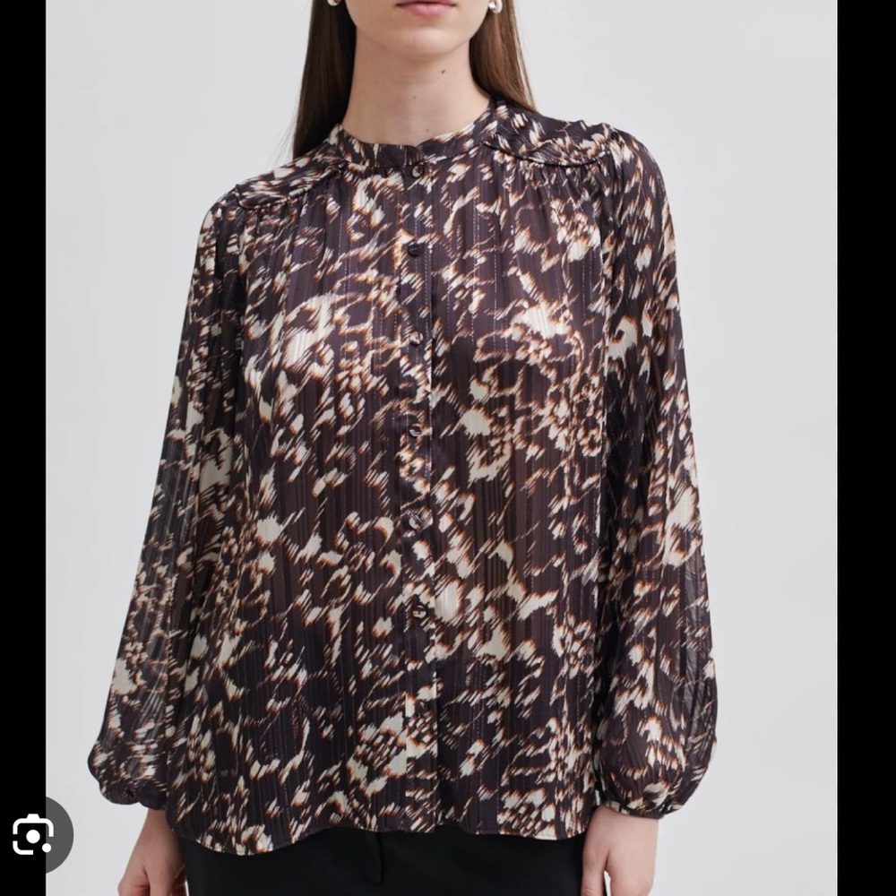 Second Female Semi Sheer Phase Buttoned Blouse Purple Gold Metallic Size Small
